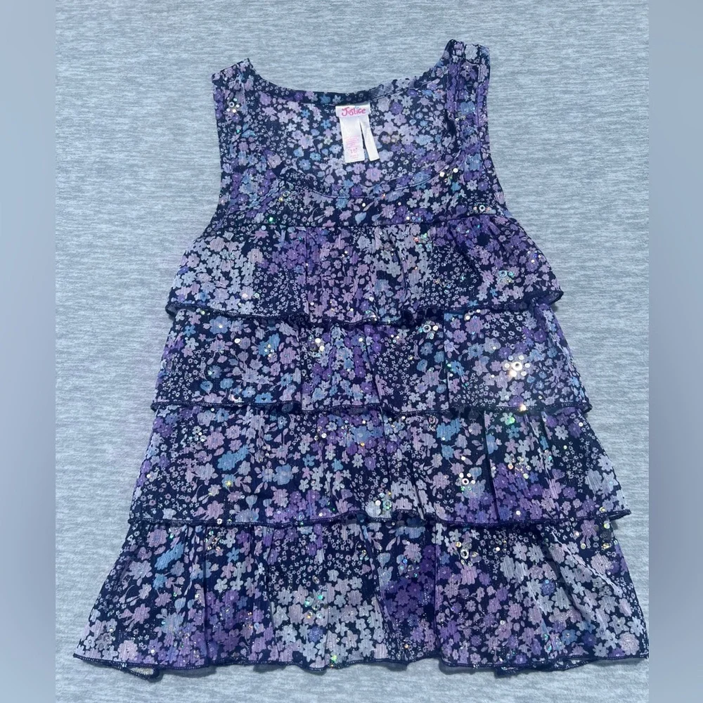 Justice girls size 16 purple floral‎ glitter tiered ruffles tie back tank top